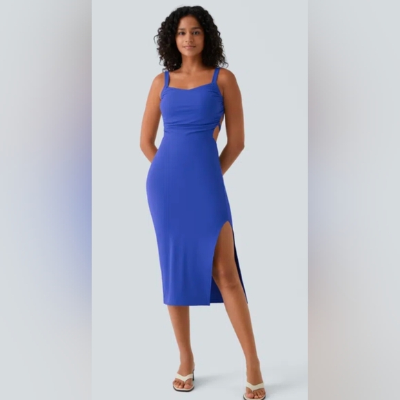 NWT Halara Aster Blue Backless Crisscross Lace Up Split Bodycon Midi Dress, US S - Picture 2 of 6